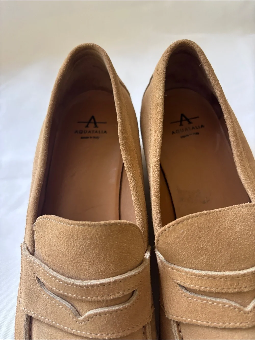Aquatalia Suede Loafers in Light Tan with White Platform